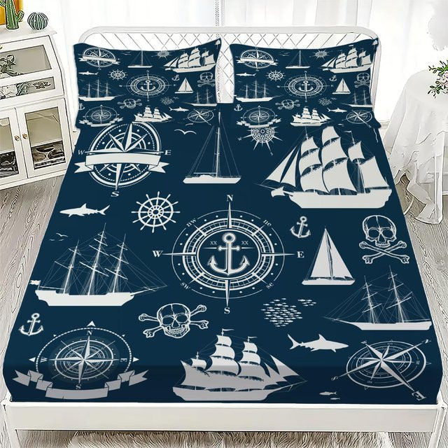 Lodestar Spannbettlaken-Set mit Kissenbezug Nautisches Ozean Segelboot Design Blau B/T: 90 x 200 cm, Höhe: 25 cm - Bild 1