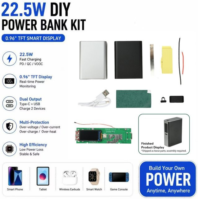 Gaqqee DIY Powerbank-Kit 22,5W mit 0,96-Zoll TFT-Farbbildschirm und Digitalanzeige, 2x 1700 mAh Batteriehalter, Tragbares Powerbank-Set - Bild 1