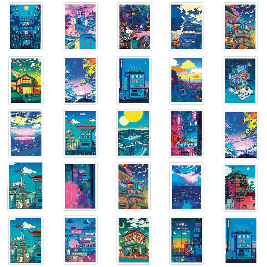 Cartoon Anime Street Night View Aufkleber Set mit ästhetischen Landschaftsmotiven in Multicolor für Laptop, Koffer und Gitarre - Bild 3