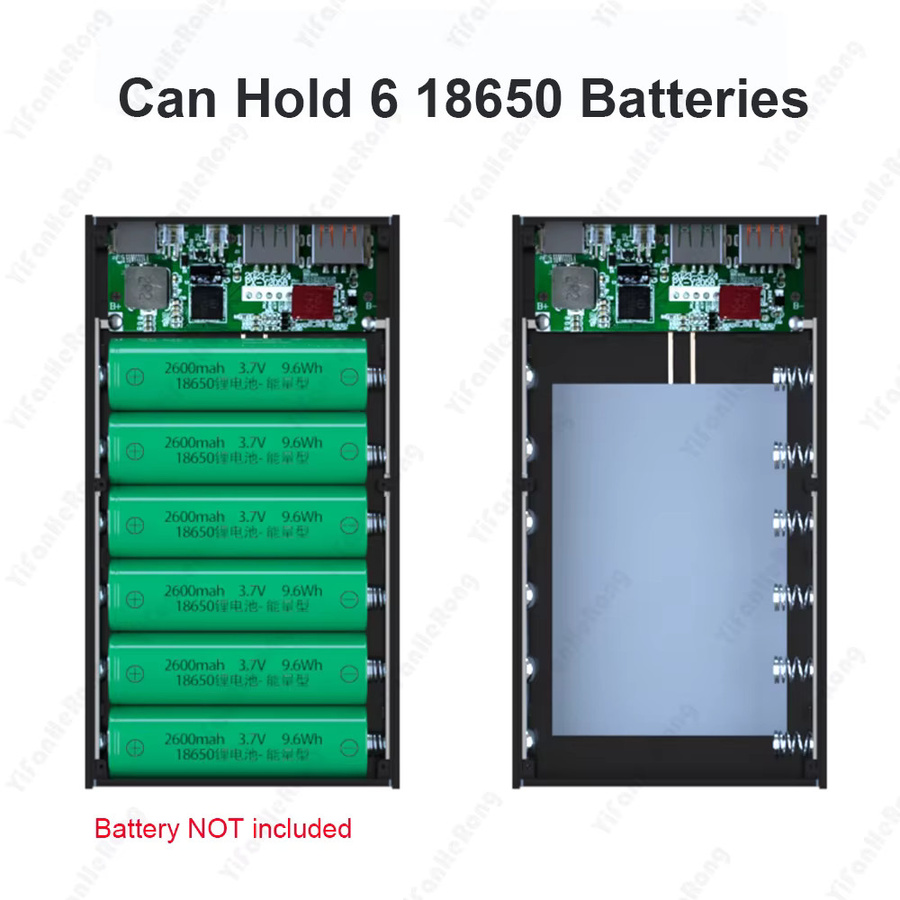 YiFanHeRong DIY Power Bank Gehäuse für 6x 18650 Batterien mit Dual USB und Typ C, PD QC 3.0 Schnellladung, Schwarz - Bild 3