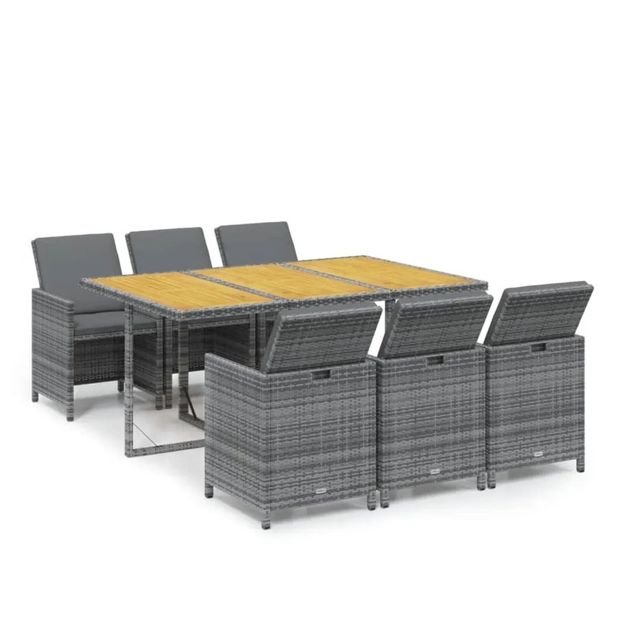 vidaXL 7-teilige Garten-Essgruppe aus Poly Rattan und massivem Akazienholz in Grau mit Kissen - Bild 2