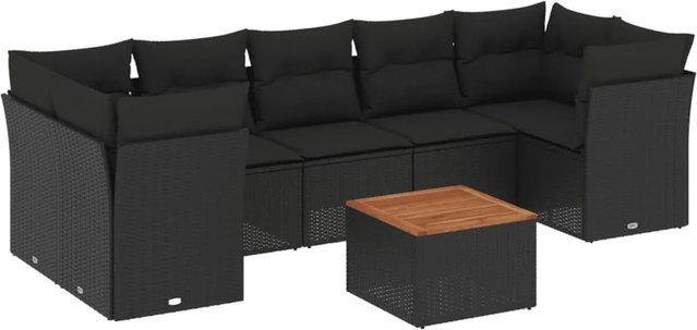 vidaXL 8-tlg Garten-Sofagarnitur in L-Form aus Poly-Rattan und Akazienholz mit Kissen in Schwarz und Braun - Bild 1