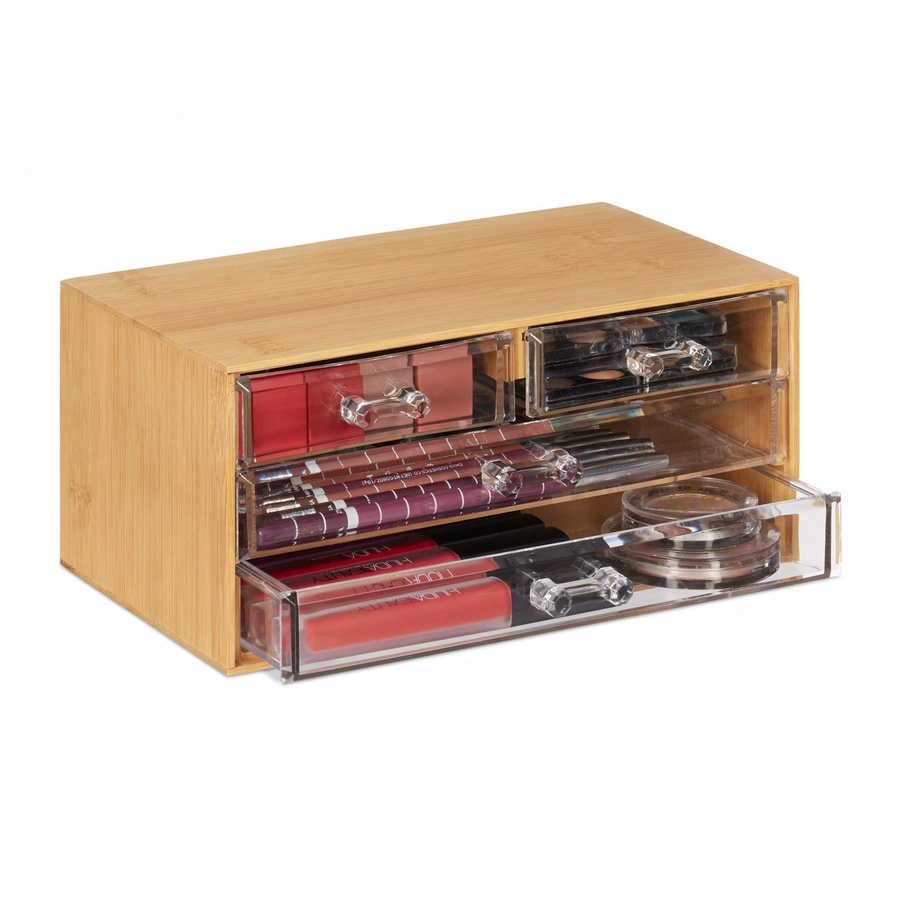 Relaxdays Make Up Organizer aus Bambus in Natur mit 4 transparenten Schubladen, B/T/H: 23,5 x 11 x 15 cm - Bild 2