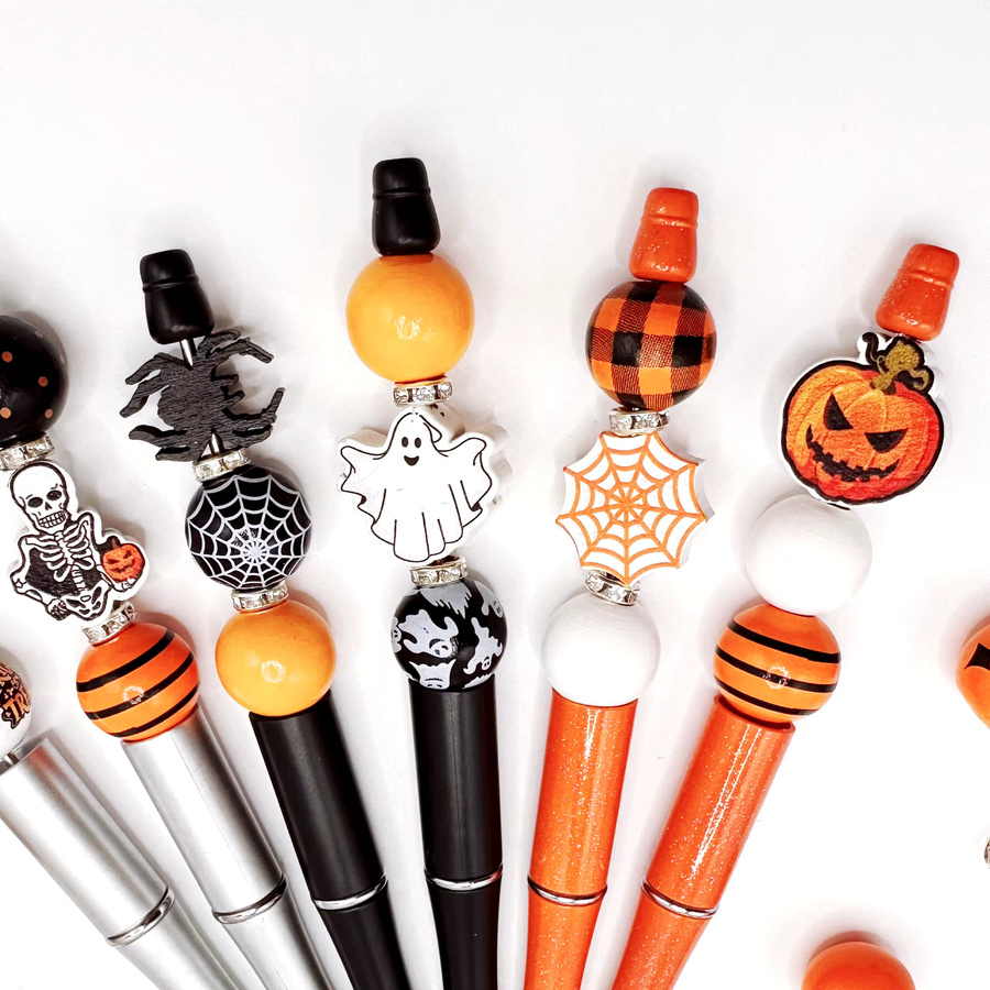 6er Set Halloween DIY Kugelschreiber mit Perlen in den Farben Schwarz, Orange und Multicolour mit Kürbis, Totenkopf, schwarzer Katze und Teufel Motiven - Bild 4