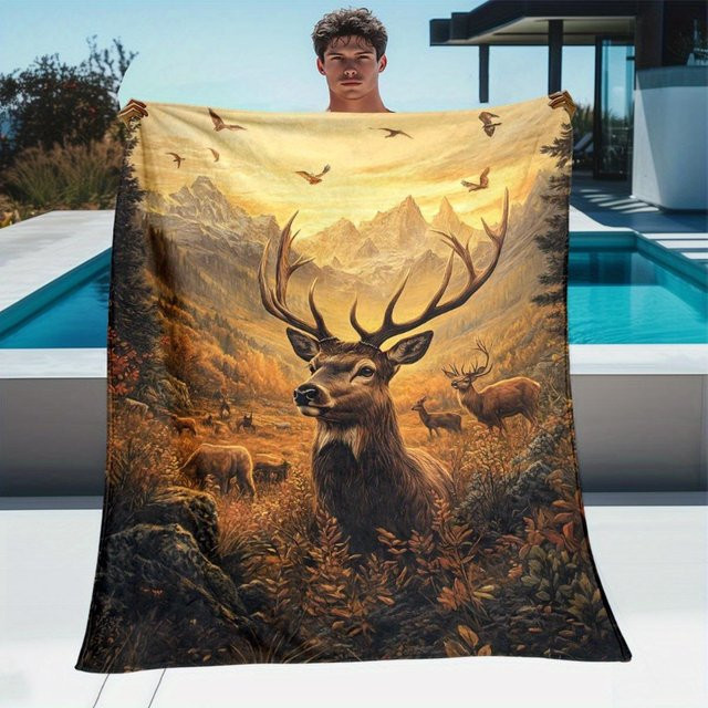 JMG Household Supplies Hirschdecke mit Berglandschaft und Rothirsch, weiche Fleece-Decke in Multicolour, B/B: 130 x 150 cm - Bild 1