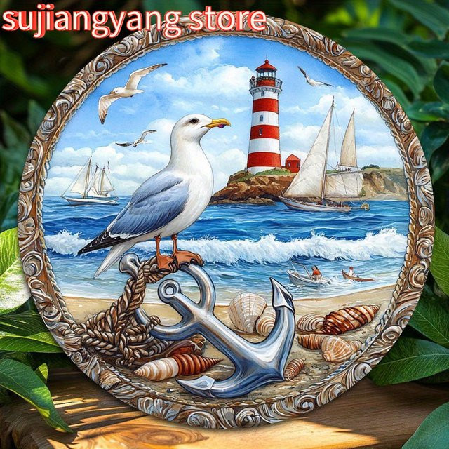 Potdemiel Rundes Metall-Wanddekorschild Lighthouse im Maritimen Vintage-Stil, Durchmesser: 20,32 cm, Mehrfarbig - Bild 1