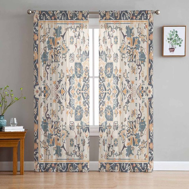 Transparenter Tüllvorhang Super Six mit ethnischem Perser-Retro-Muster und Blumenmuster in Grau, Breite: 135 cm, Höhe: 114 cm - Bild 1