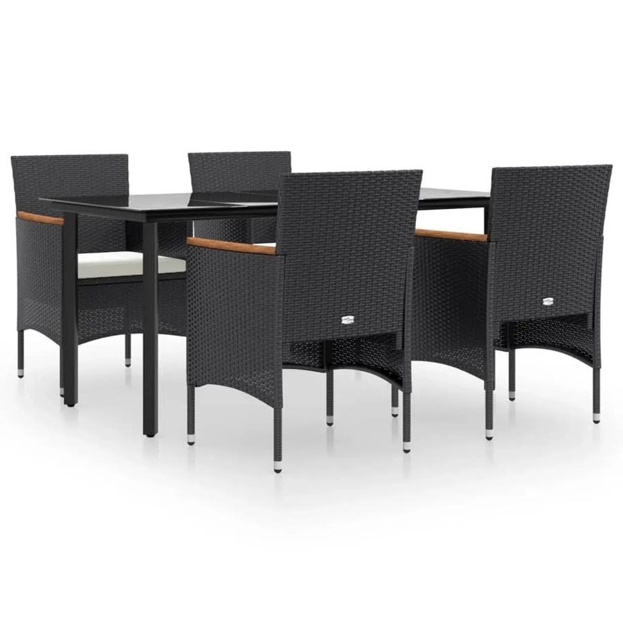 vidaXL 5-teilige Garten-Essgruppe aus PE-Rattan und Akazienholz in Schwarz mit cremeweißen Kissen und Glastisch - Bild 2