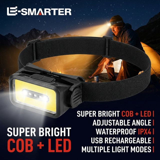 ESMARTER USB-aufladbare LED-Stirnlampe in Schwarz mit integriertem Akku für Camping und Arbeit - Bild 1
