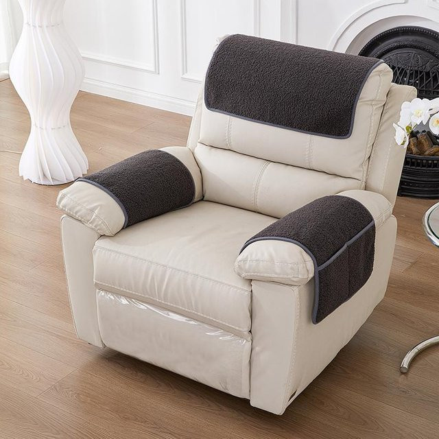 3er-Set dehnbarer Fleece Sofa-Armlehnenbezug mit Taschen und Kopfstütztuch, rutschfest, grau - Bild 1