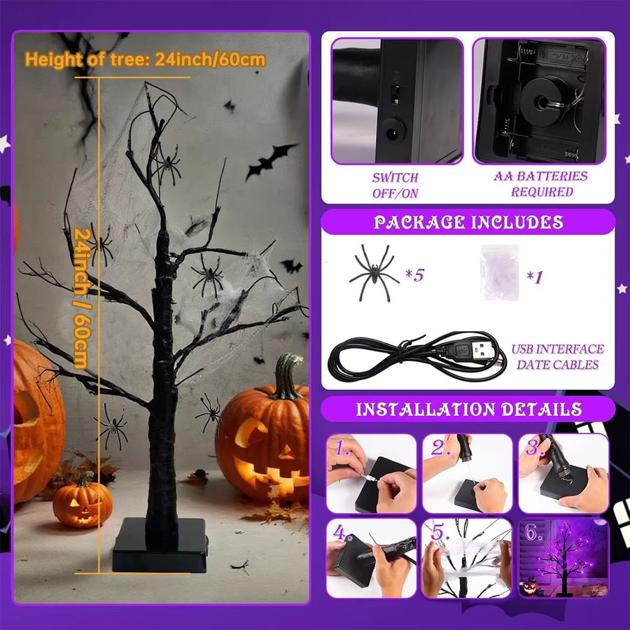 Peach Forest Halloween Tischlampe mit 24 LED und schwarzem künstlichem Birkenbaum inklusive Spinnennetz und Spinnen, Schwarz - Bild 2