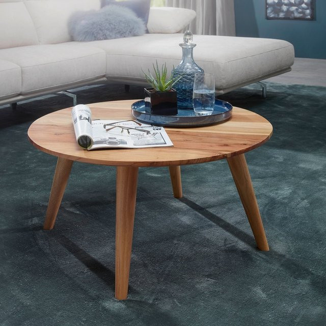 FineBuy Couchtisch aus Akazie Massiv rund, braun, skandinavisch Retro, Durchmesser: 75 cm, Höhe: 40 cm - Bild 1