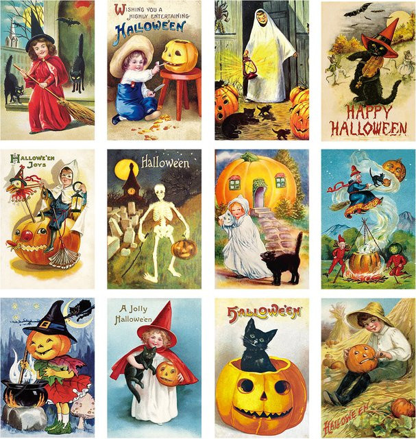 12er Set Vintage Halloween Postkarten mit klassischen Hexe und Kürbis Illustrationen in Mehrfarbig - Bild 1