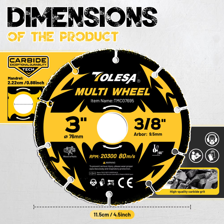 TOLESA 3-teiliges Hartmetall-Trennscheiben-Set für Winkelschleifer, 3 Zoll mit 3/8-Zoll-Aufnahme, ideal zum Schneiden von Holz, Laminat und Kunststoff - Bild 2