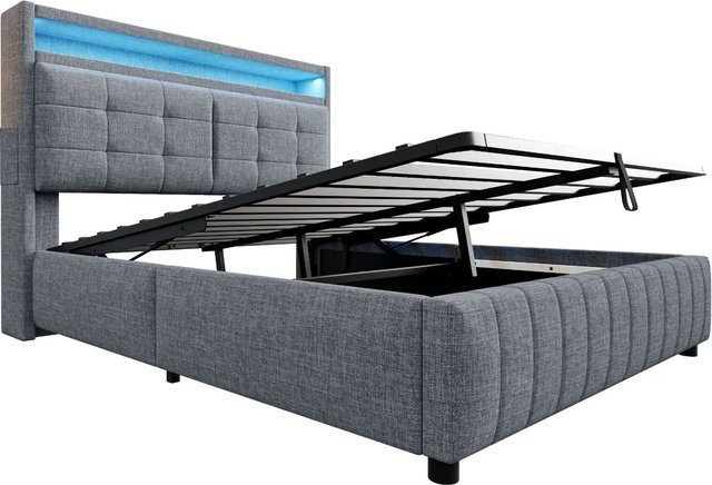 Merax Polsterbett mit LED-Beleuchtung, USB-Anschluss und Hydraulikfunktion in Grau, B/T/H: 160 x 200 x 110,5 cm - Bild 1