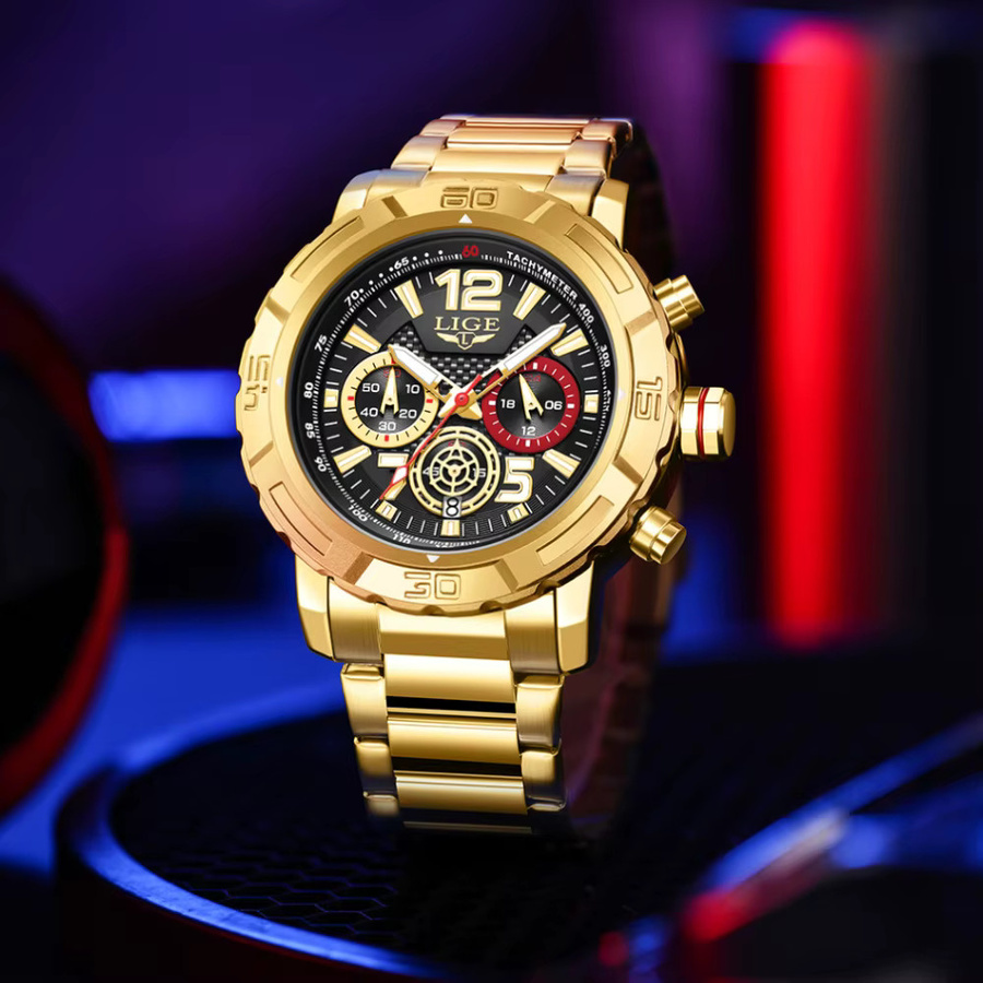 LIGE Armbanduhr, Quarz, Edelstahl, Schwarz, Gold, Herren - Bild 4