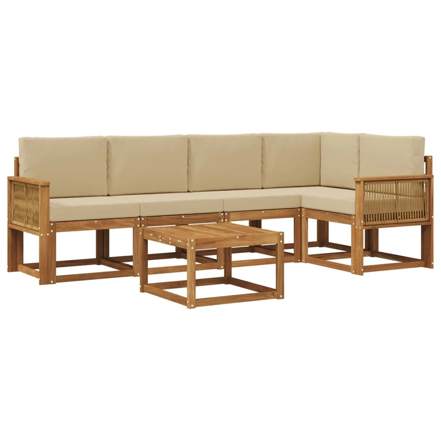 vidaXL Outdoor-Sofagarnitur aus Massivholz Akazie in Natur und Beige, 6-teiliges L-Shape Set mit Armlehnen und Kissen - Bild 2