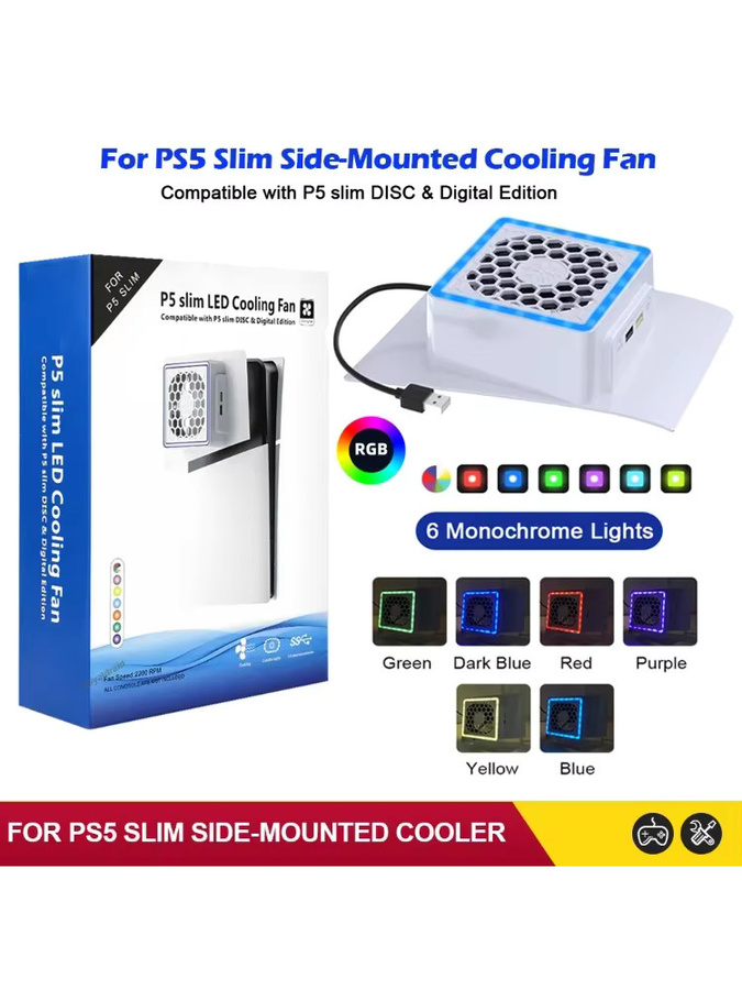 Pogopirate Seitenkühler für PS5 Slim mit LED-Beleuchtung und 2 USB-Anschlüssen in Weiß - Bild 6