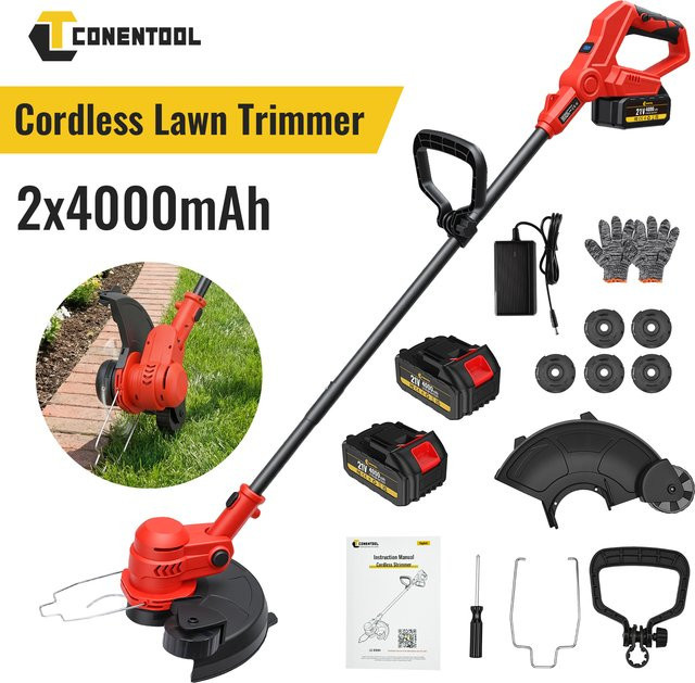 CONENTOOL Elektrischer Rasentrimmer 12 Zoll in Rot mit 2x 4000mAh Akkus für Makita 18V LXT Batterien, 2000W kabelloser faltbarer Rasenmäher - Bild 1