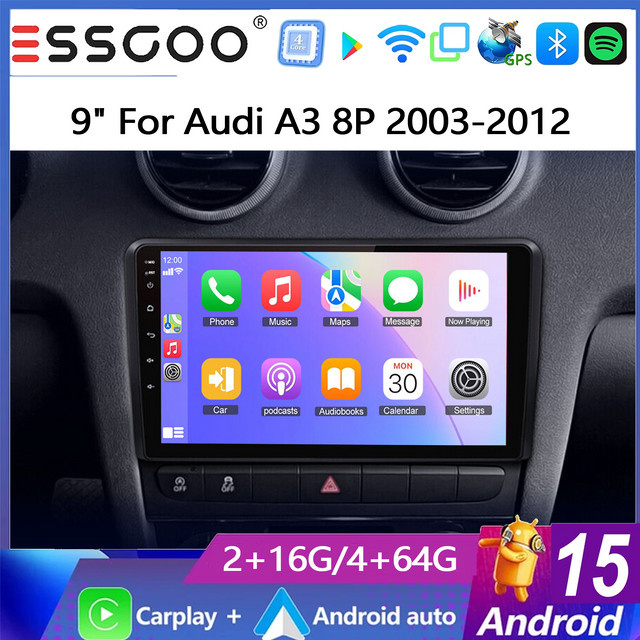 ESSGOO Android 15 Autoradio für Audi A3 8P 2003-2013 S3 8P 8V RS3 8PA mit 9 Zoll IPS Touchscreen, 4+64GB, GPS, Bluetooth, Wireless Carplay, Android Auto, WiFi und Mirror Link in Schwarz - Bild 1