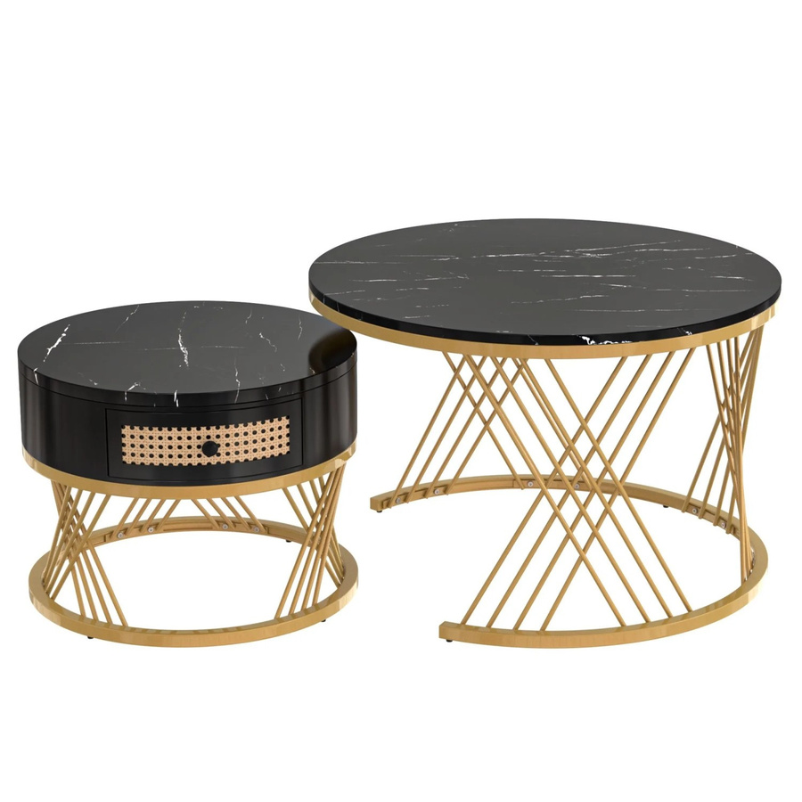 okwish Couchtisch mit Marmormuster und Schubladen in Schwarz und Gold, B/T/H: 70 x 70 x 45,5 cm - Bild 2