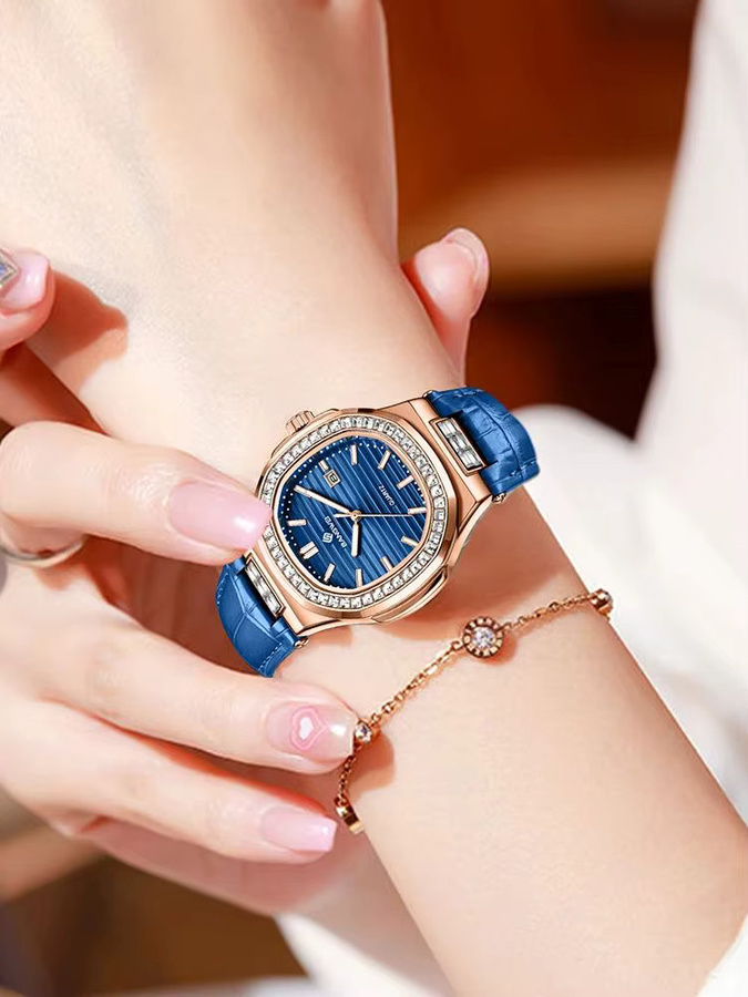 BANGWEI Chronograph Armbanduhr, Leder, Quarz, Eckig, Damen, Blau, Roségold - Bild 7