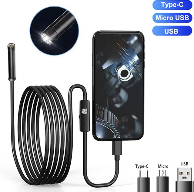 Clodrain 3in1 Android Endoskop Kamera mit Micro USB und USB Typ C, 5,5 mm Mini Kamera mit LED und Wasserdichtigkeit in Schwarz für Auto Inspektion und PC - Bild 1