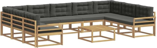 vidaXL Outdoor-Sofagarnitur in L-Form aus Akazienholz mit 10 Kissen in Weiß, Anthrazit und Braun - Bild 1
