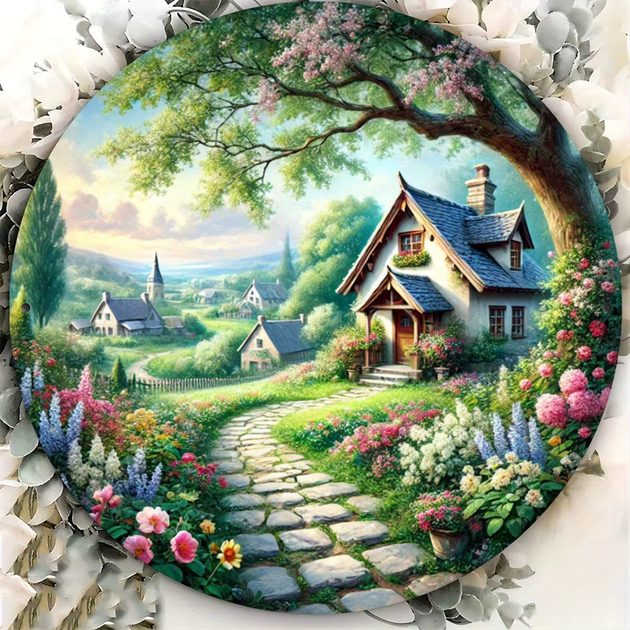 Rundes dekoratives Wandschild Potdemiel Cottage and Meandering Path aus Aluminium in Multicolour mit Vintage-Design und floralem Motiv, Durchmesser: 20 cm - Bild 4