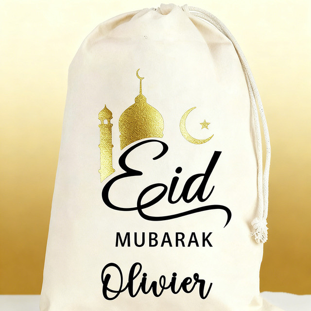Personalisierte Eid Mubarak Geschenktüte aus Baumwolle für Kinder in Weiß - Bild 1