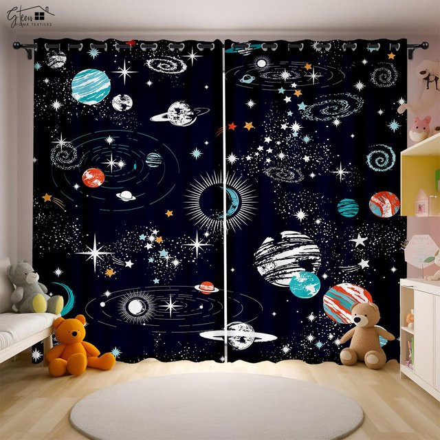 Yiran Furniture Cartoon Universum Vorhänge mit Astronaut, Rakete und Mond für Kinderzimmer, 2er-Set, Blau, Breite: 50 cm, Höhe: 160 cm - Bild 1