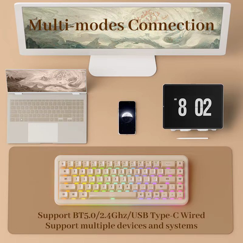 Akko YU01 Mechanische Tastatur mit 65 % Layout, RGB-Hintergrundbeleuchtung, Hot-Swap und transparenten PC-Tastenkappen, Wireless Bluetooth 5.0, 2.4G und USB-C, Weiß/Transparent - Bild 4