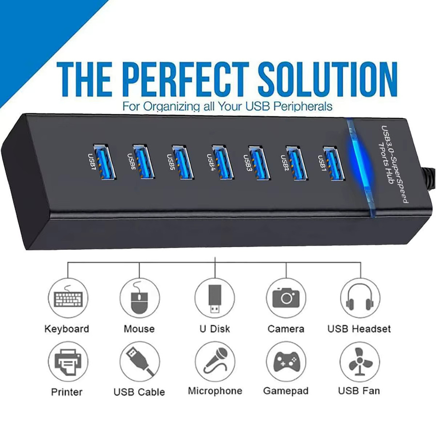 USB 3.0 7-Port-Hub für Hochgeschwindigkeits-Dateiübertragung mit Anti-Burnout-Schutz in Schwarz - Bild 3