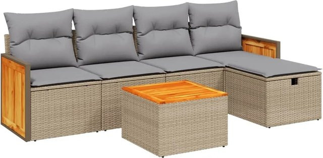 vidaXL 6-tlg Garten-Sofagarnitur L-Form aus Poly Rattan in Beige mit Kissen und Metallgestell - Bild 1