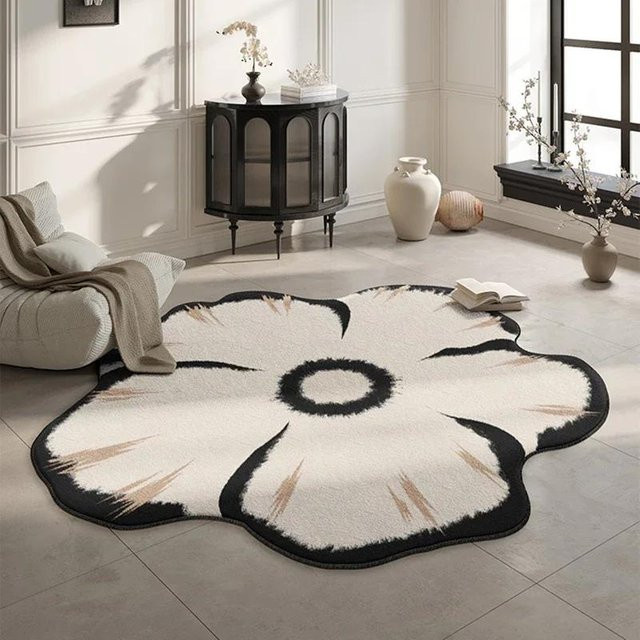 BC-Warm Home Teppich mit Blumenmuster in Schwarz-Weiß, runder Wohnzimmer Teppich aus Polyester, Durchmesser: 80 cm - Bild 1