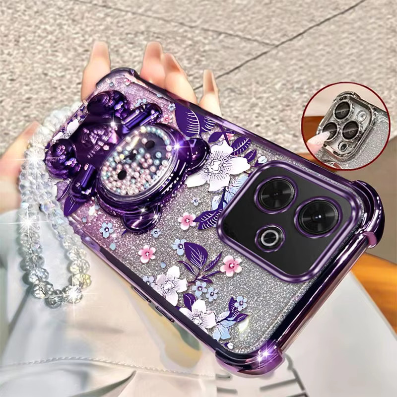 Xiaomi Handyhülle mit Blumenmuster und Lanyard für Redmi Note 13R 13ProPlus 13Pro 14Pro 13 14ProPlus 12 12Pro in Lila/Silber mit Ständerfunktion - Bild 2