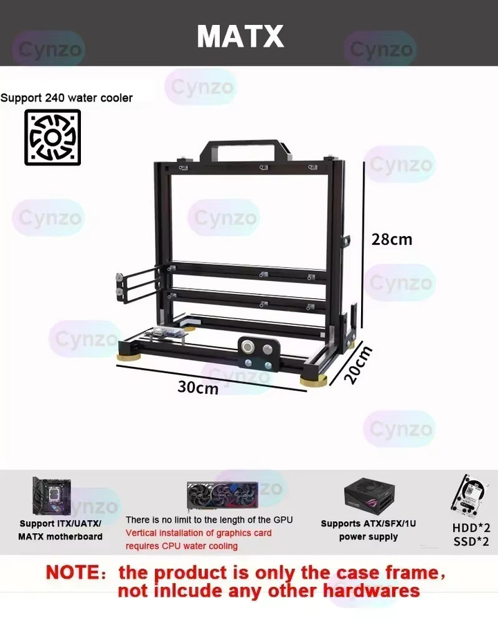 Cynzo Offenes PC-Gehäuse Rahmenregal in Schwarz für DIY ITX MATX ATX Setups mit Unterstützung für Wasser- und Luftkühlung - Bild 4