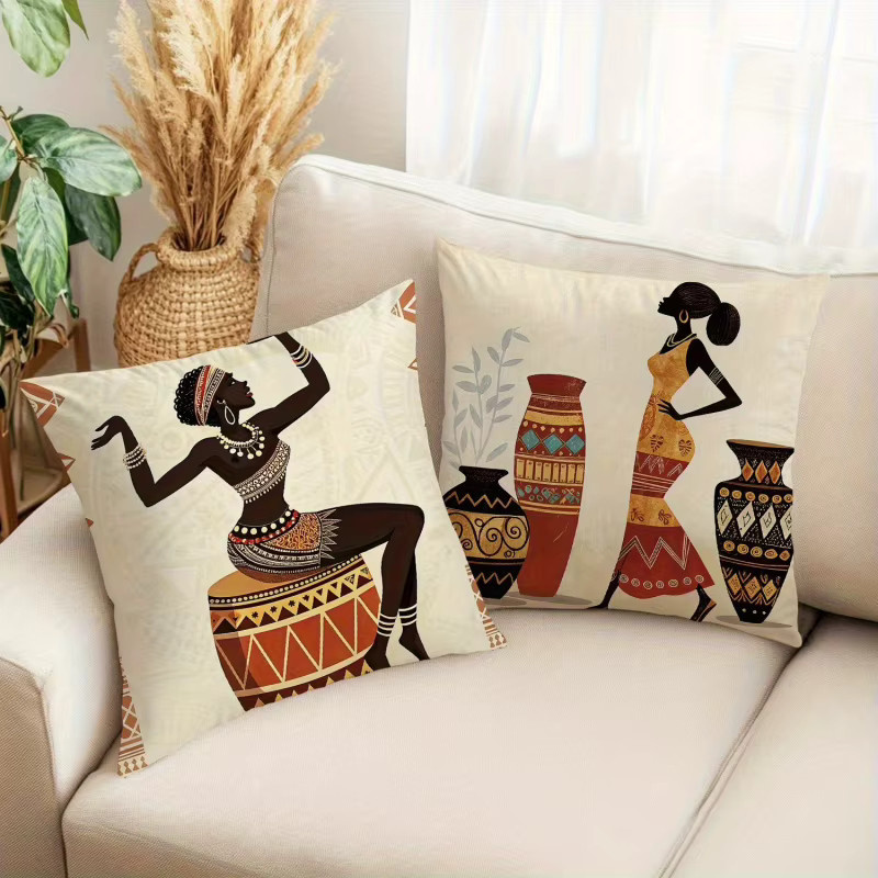 VIKAMA 2-teiliges Kissenbezug-Set im Art-Deco-Stil, quadratische Sofakissen in Beige mit Grafik-Design - Bild 2