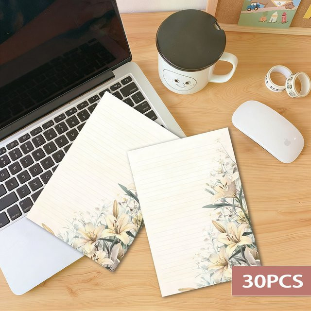 Liniertes B5-Schreibpapier mit elegantem Lilien-Design in Weiß, 30 Blatt - Bild 1