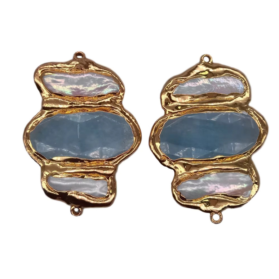 Anhänger aus blauer Jade, Zuchtweißer Biwa-Perlen, Messing - Bild 2