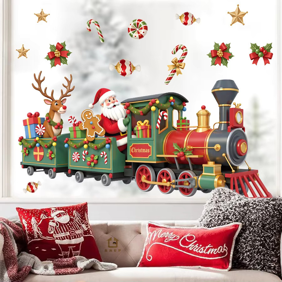 BRUP Weihnachtsmann-Zug Wandaufkleber mit Candy und Stechpalme, selbstklebend und abnehmbar, Mehrfarbig - Bild 4