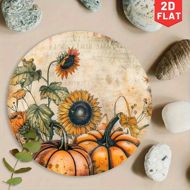 Potdemiel Aluminium Wandschild Herbstliche Dekoration mit Sonnenblumen und Kürbis, Rund, Durchmesser: 20 cm, Mehrfarbig - Bild 1