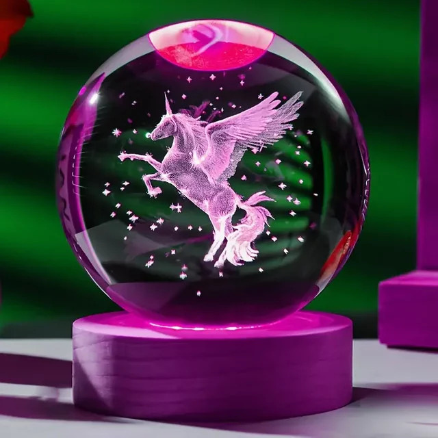 3D-Lasergeschnitzte Kristallkugel mit Einhorn-Motiv und farbiger RGB-LED-Holzsockel als Nachtlicht und Tischdekoration in Multicolour - Bild 1
