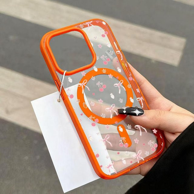 Binchi Health Electronics Magnetische iPhone Hülle mit Cartoon Rosa Kirsche und kleiner Schleife für iPhone 17 Pro Max bis iPhone 11 sowie iPhone Air 17E 16E 16 Plus - Bild 1