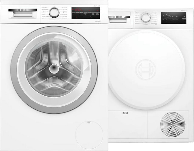 Bosch Waschmaschine WUU28T70 und Wäschetrockner WTH83004 Set, Wärmepumpentrockner, 8 kg Kapazität, Frontlader, Weiß, Freistehend mit Quick Wash Funktion - Bild 1