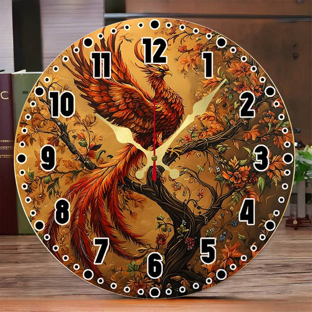 Phoenix Tree Holz-Wanduhr rund mit floralem Design, geräuschlos, analog, mehrfarbig - Bild 1