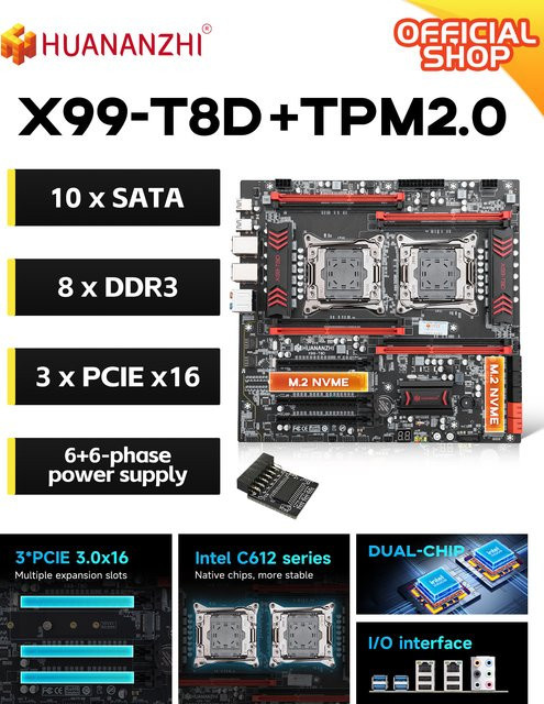 HUANANZHI X99-T8D+ TPM 2.0 Dual-Prozessor Motherboard LGA 2011-3 DDR3 E-ATX in Schwarz - Bild 1