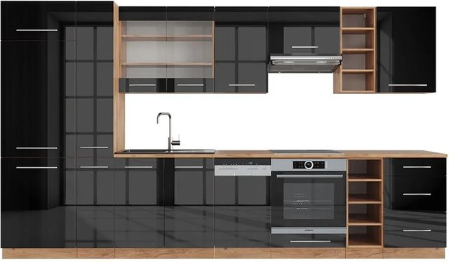 Vicco Fame-Line Küchenzeile in Anthrazit Hochglanz und Goldkraft Eiche, Breite: 355 cm - Bild 1
