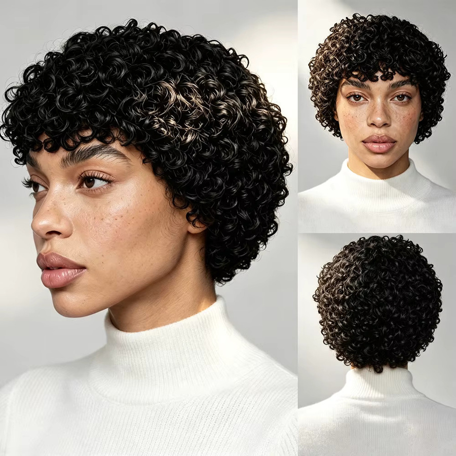 OYM HAIR Remy-Echthaarperücke, lockiger Pixie-Schnitt mit Pony, Damen - Bild 4