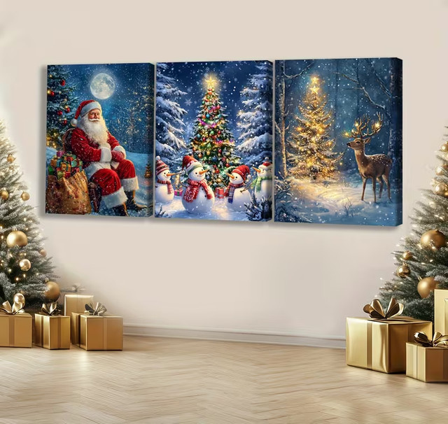 Beadslove 5D Mosaik Diamant Stickerei Weihnachtsmann und Rentier in Schneelandschaft, 3-Panel Set mit Rundbohrern, Mehrfarbig - Bild 1